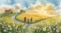 Three children walk along a path through a picturesque countryside at sunset. Royalty Free Stock Photo